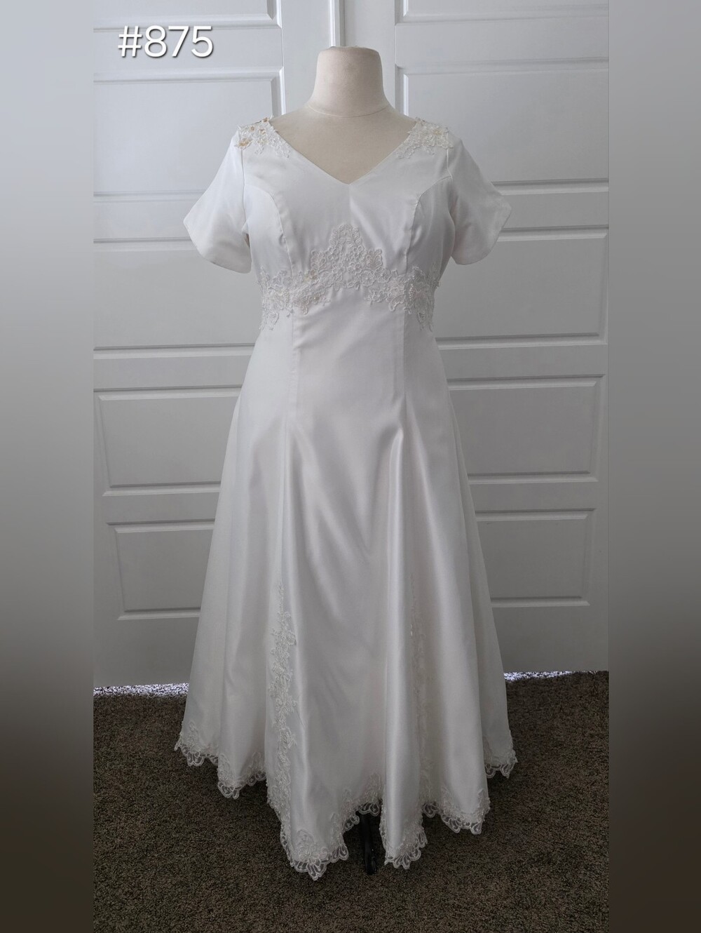 Ivory Satin Short Sleeve V-neck Wedding Dress